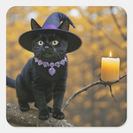 ハロウィン 黒猫と魔女の帽子のキャンドル ミスティカル スクエアシール (正面)