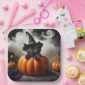ハロウィン 黒猫の子猫とカボチャ ペーパープレート (パーティー)