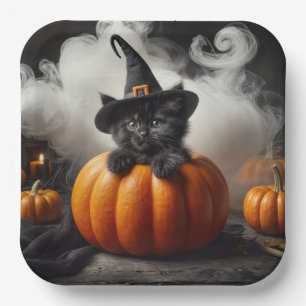 ハロウィン 黒猫の子猫とカボチャ ペーパープレート