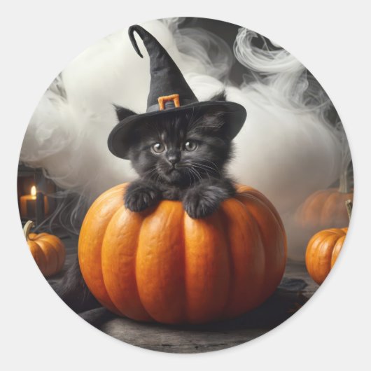 ハロウィン 黒猫の子猫とカボチャ ラウンドシール (正面)