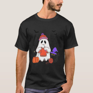 ハロウィン 黒猫を編む おかしいおばけ Tシャツ