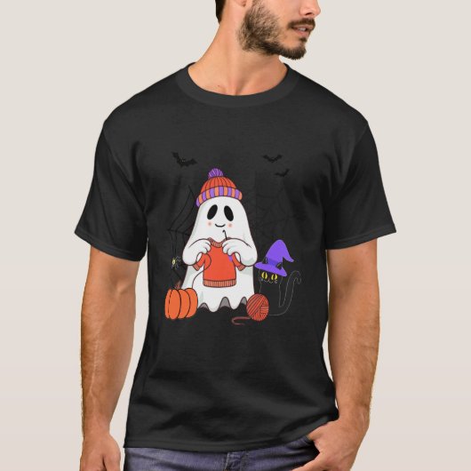 ハロウィン 黒猫を編む おかしいおばけ Tシャツ (正面)