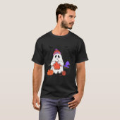 ハロウィン 黒猫を編む おかしいおばけ Tシャツ (正面フル)