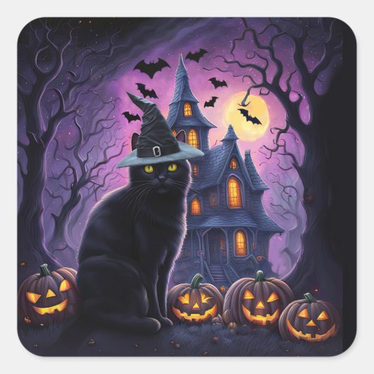 ハロウィン 黒猫 お化け屋敷 コウモリ かわいい スクエアシール (正面)