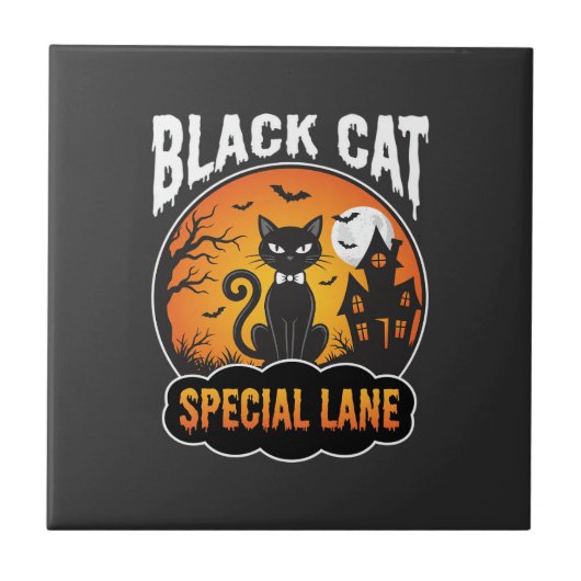 ハロウィン 黒猫 お化け屋敷 月 デザイン タイル (正面)