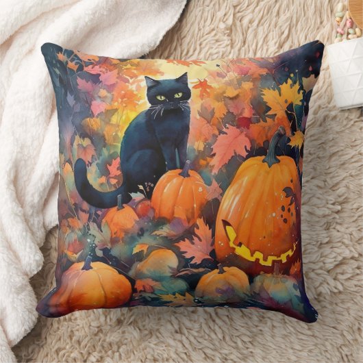 ハロウィン 黒猫 かぼちゃ スケアリー クッション (ブランケット)