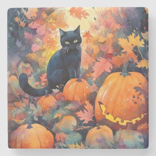 ハロウィン 黒猫 かぼちゃ スケアリー ストーンコースター (正面)