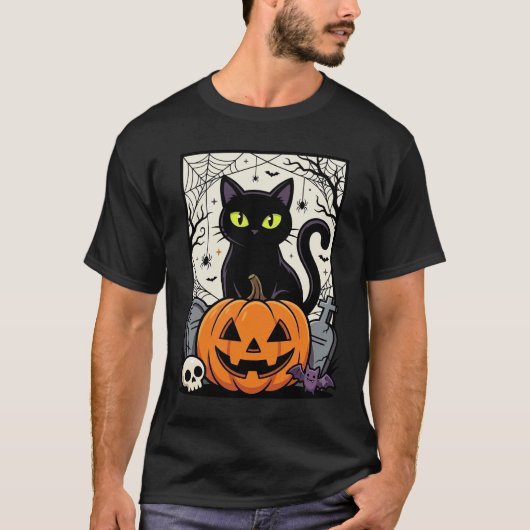 ハロウィン 黒猫 かぼちゃ ベクター デザイン Tシャツ (正面)