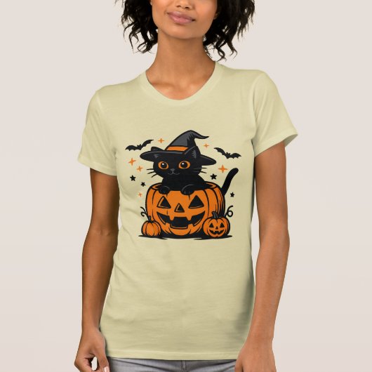 ハロウィン 黒猫 かぼちゃ 女性用Tシャツ Tシャツ (正面)