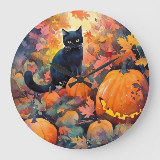 ハロウィン 黒猫 かぼちゃ 怖い 壁掛け時計 ラージ壁時計 (正面)