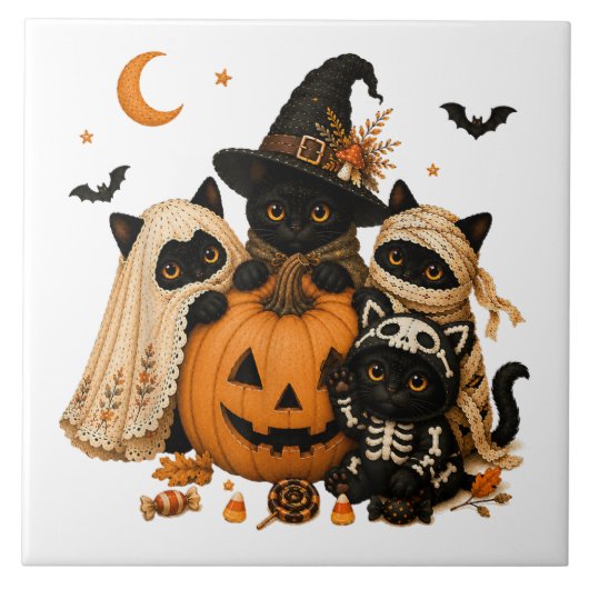 ハロウィン 黒猫 かぼちゃ 魔女 タイル (正面)