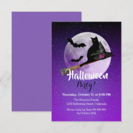 ハロウィン 黒猫 ほうき 満月 パーティ 招待状