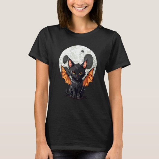 ハロウィン 黒猫 オレンジ コウモリ 満月 バ Tシャツ (正面)