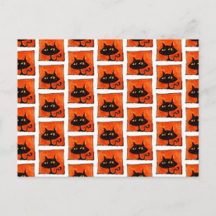 ハロウィン 黒猫 オレンジ スクエア カートゥーン ポストカード