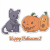 ハロウィン 黒猫、カボチャ、マジックランタン シール (正面)