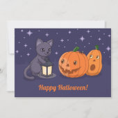 ハロウィン 黒猫、カボチャ、紫のランタン カード (正面)
