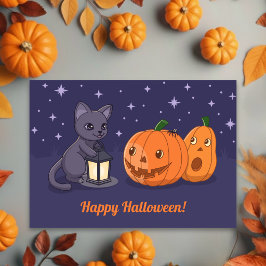 ハロウィン 黒猫、カボチャ、紫のランタン カード