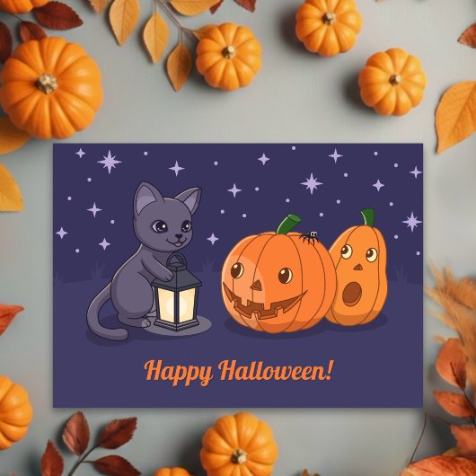 ハロウィン 黒猫、カボチャ、紫のランタン カード