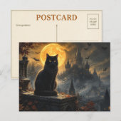 ハロウィン 黒猫 ゴシック城 ポストカード (正面/裏面)
