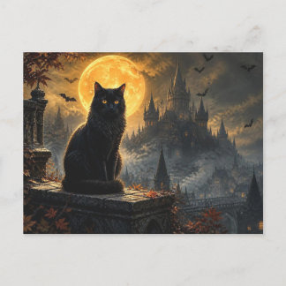 ハロウィン 黒猫 ゴシック城 ポストカード