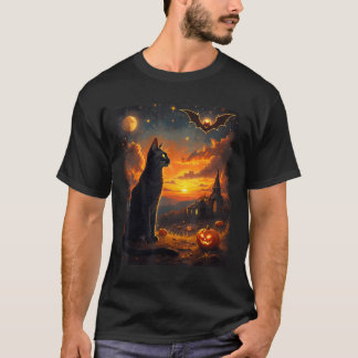 ハロウィン 黒猫 ゴシック 月景色 パーティー Tシャツ