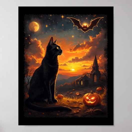 ハロウィン 黒猫 ゴシック 月 シーン パーティー ポスター (正面)