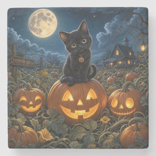 ハロウィン 黒猫 ストーンコースター (正面)