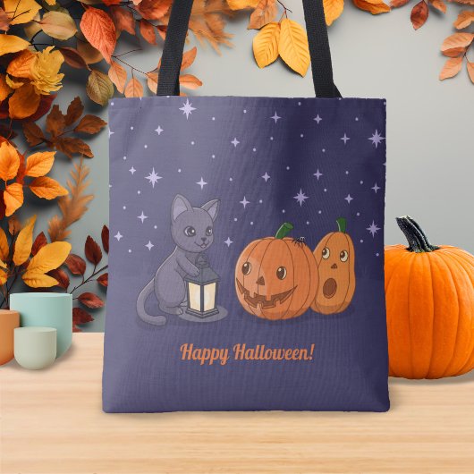 ハロウィン 黒猫 パンプキンランタン 紫 トートバッグ