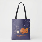 ハロウィン 黒猫 パンプキンランタン 紫 トートバッグ (正面)