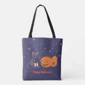 ハロウィン 黒猫 パンプキンランタン 紫 トートバッグ (裏面)