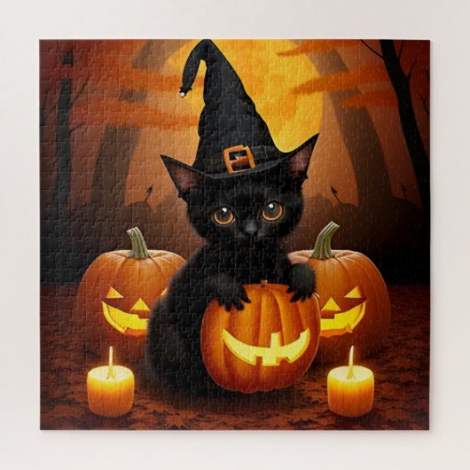 ハロウィン 黒猫 パンプキン グロー シーン ジグソーパズル (縦)