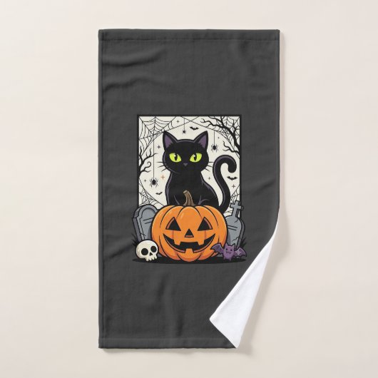 ハロウィン 黒猫 パンプキン ベクター デザイン ハンドタオル (ハンドタオル)