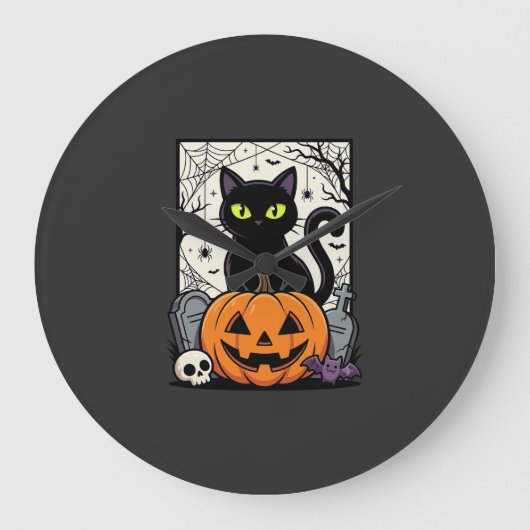 ハロウィン 黒猫 パンプキン ベクター デザイン ラージ壁時計 (正面)