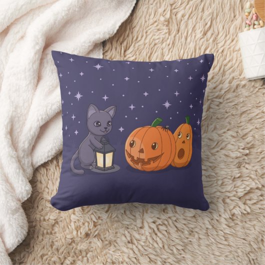 ハロウィン 黒猫 パンプキン ランタン 紫 クッション (ブランケット)