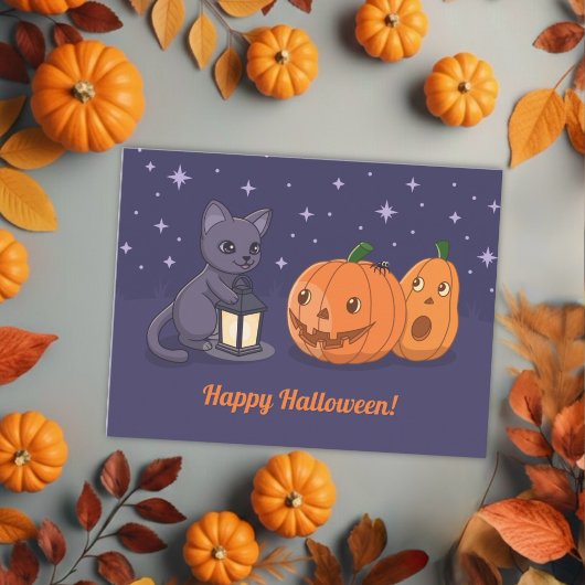 ハロウィン 黒猫 パンプキン ランタン 紫 ポストカード