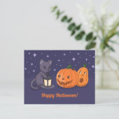 ハロウィン 黒猫 パンプキン ランタン 紫 ポストカード (スタンド正面)