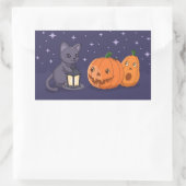 ハロウィン 黒猫 パンプキン ランタン 紫 長方形シール (バッグ)