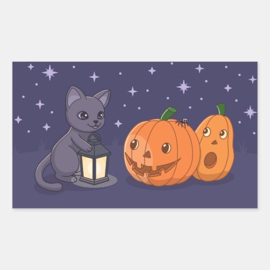 ハロウィン 黒猫 パンプキン ランタン 紫 長方形シール (正面)