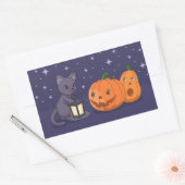 ハロウィン 黒猫 パンプキン ランタン 紫 長方形シール (封筒)