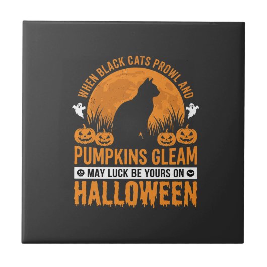 ハロウィン 黒猫 パンプキン 月 デザイン 1 タイル (正面)