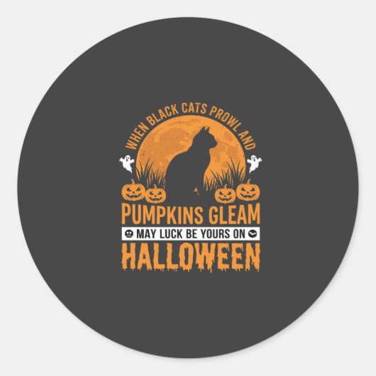 ハロウィン 黒猫 パンプキン 月 デザイン 1 ラウンドシール (正面)