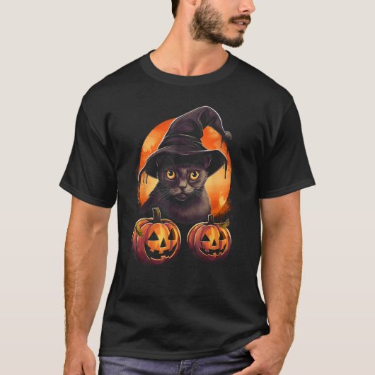 ハロウィン 黒猫 パンプキン 月 魔女 帽子 スプーキー Tシャツ (正面)