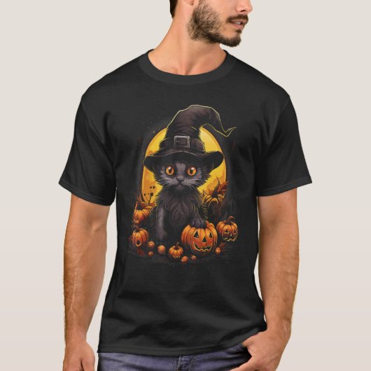 ハロウィン 黒猫 パンプキン 月 魔法使い 帽子 スプーキー Tシャツ (正面)