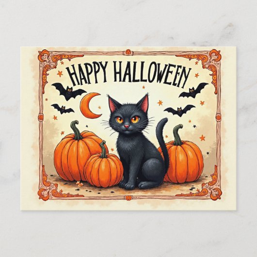 ハロウィン 黒猫 ポストカード (正面)