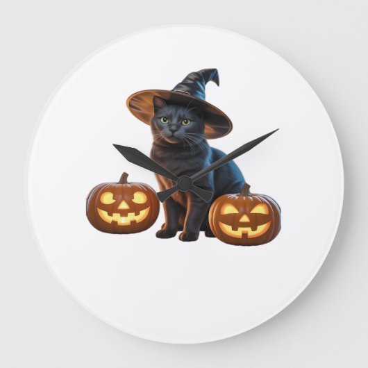 ハロウィン 黒猫 マジック クラシック Tシャツ ラージ壁時計 (正面)