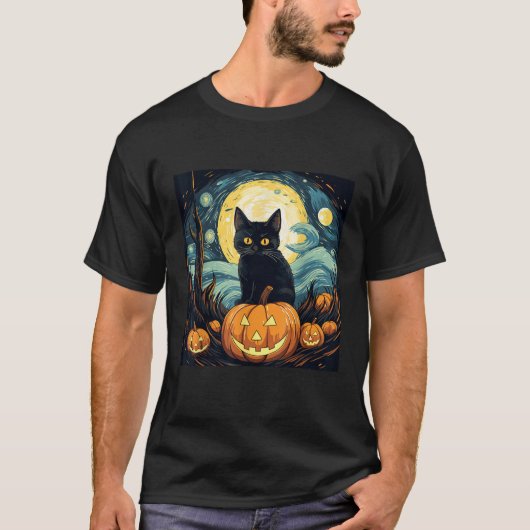 ハロウィン 黒猫 ヴァンゴッホ 魔女 ひまわりではない夜の空 アール Tシャツ (正面)