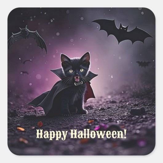 ハロウィン 黒猫 ヴァンパイア かわいい スクエアシール (正面)