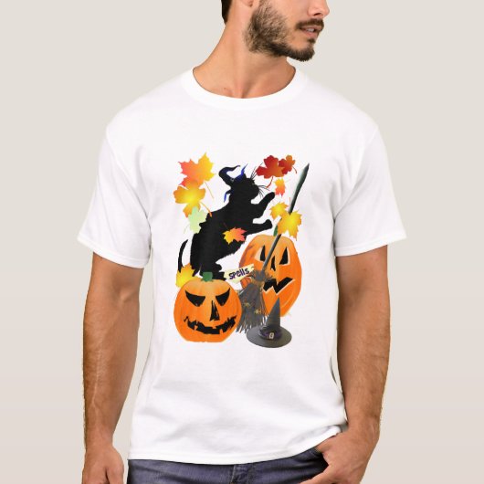 ハロウィン 黒猫 可愛い葉っぱを打つ Tシャツ (正面)