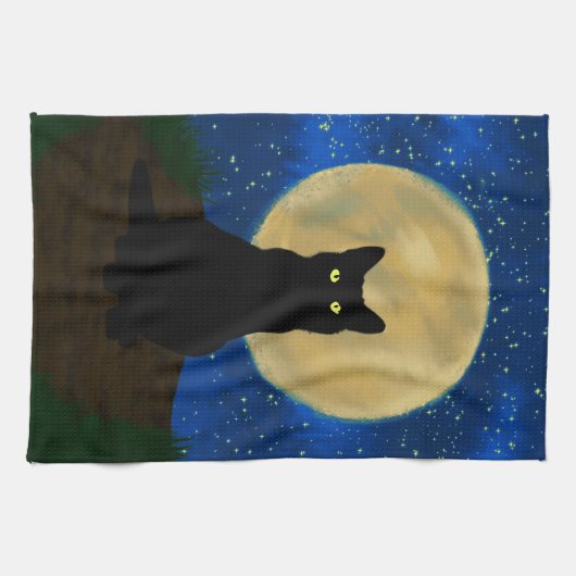 ハロウィン 黒猫 月夜のシルエット キッチンタオル (横)