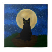 ハロウィン 黒猫 月夜のシルエット タイル (正面)